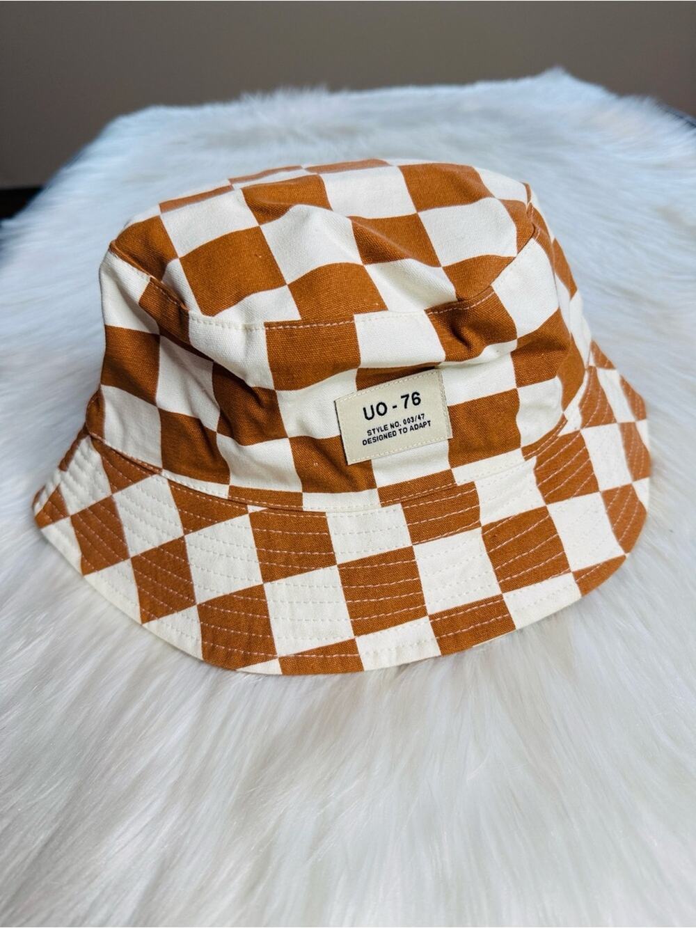 Urban Outfitters Brown and White Checkerboard Bucket Hat